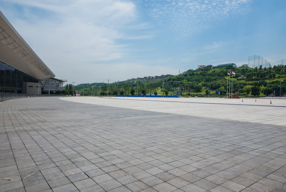 long empty footpath modern city square with skyline 1